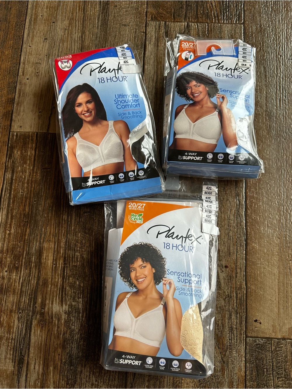 Playtex 18 Hour Wireless Bra Solid Beige Comfort Adjustable Womens 42C Lot of 3